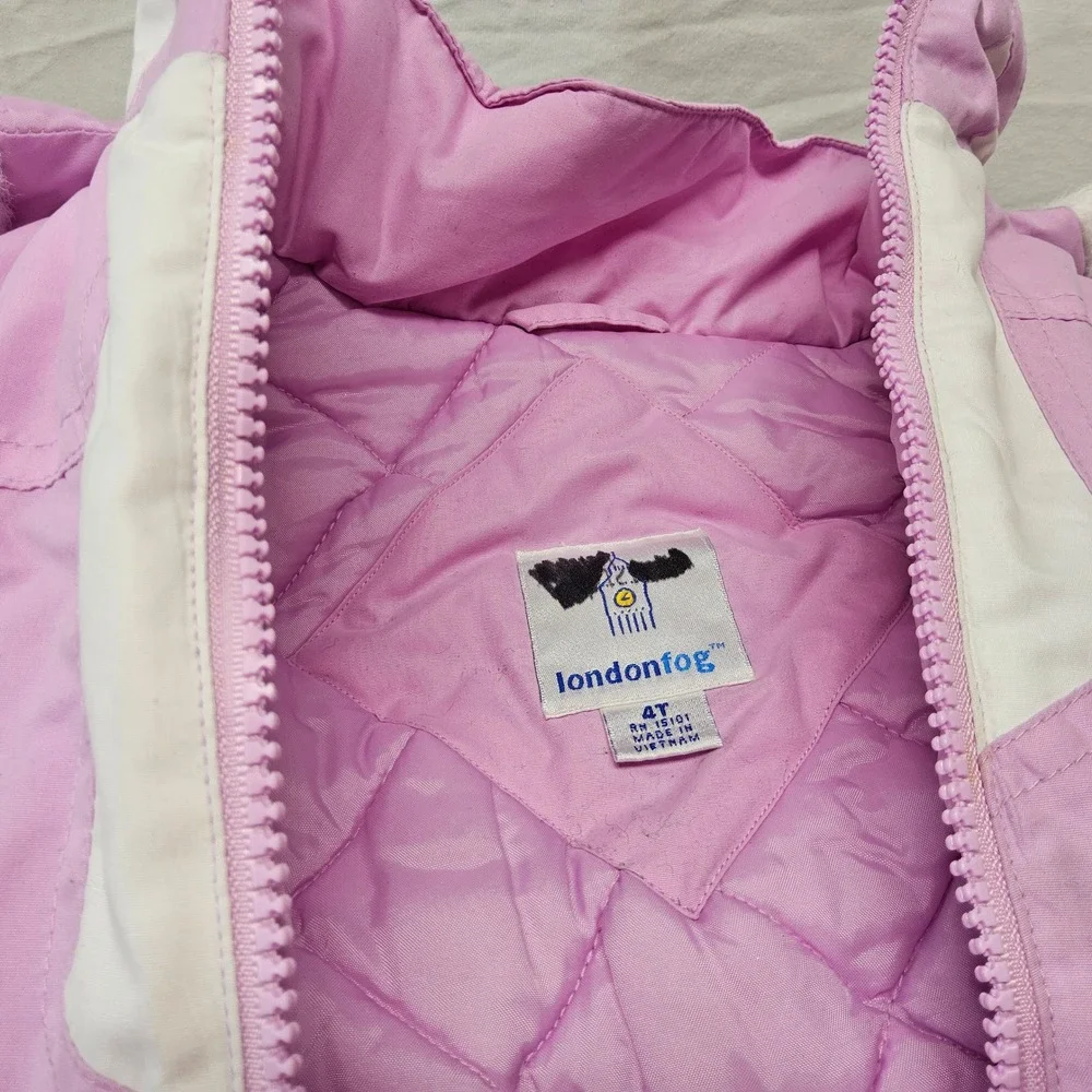 London Fog Puffer Jacket Kids 4T‎ Pink Colorblock Faux Fur Hood Full Zip Coat